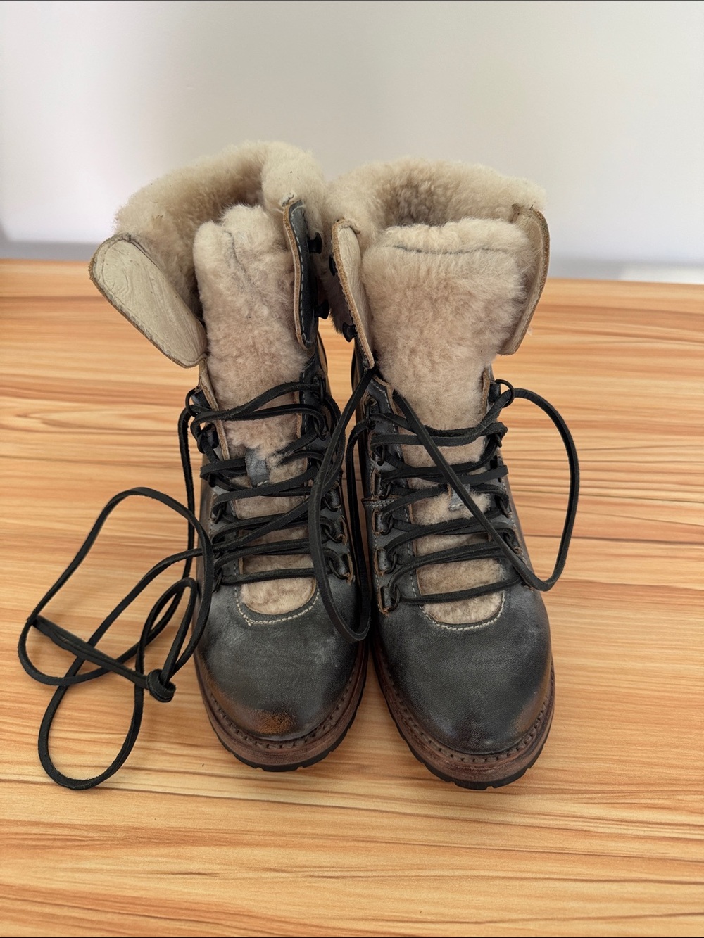 freebird Black and Cream Leather Shearling Lace-Up Heeled Boots
